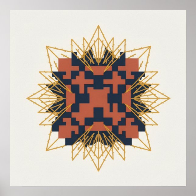 Art Deco Terracotta Navy Geometric Starburst Art Poster (Front)