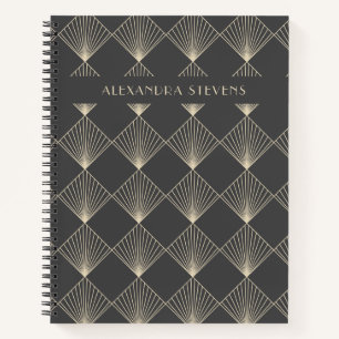 Art Deco Tile Line Art in Black Gold Personalised  Notebook