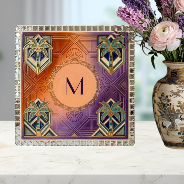 Art Deco Tropical Orange Palm Tree Monogram  Tile (Creator Uploaded)