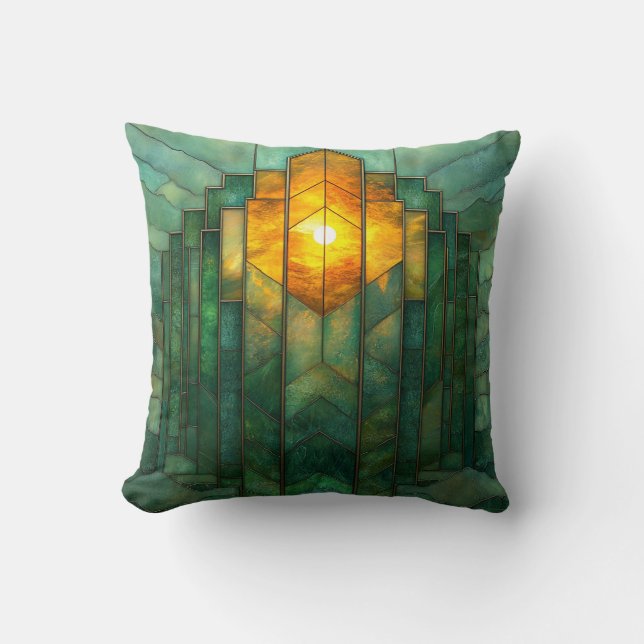 Art Deco Turquoise Green Yellow Orange  Cushion (Front)