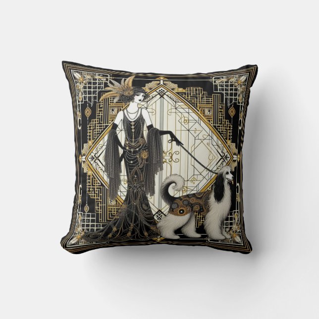 Art Deco Twenties Elegant Lady & Dog Cushion (Front)