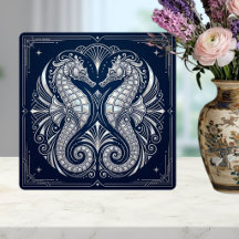 Art Deco Two Seahorses Mother of Pearl Blue