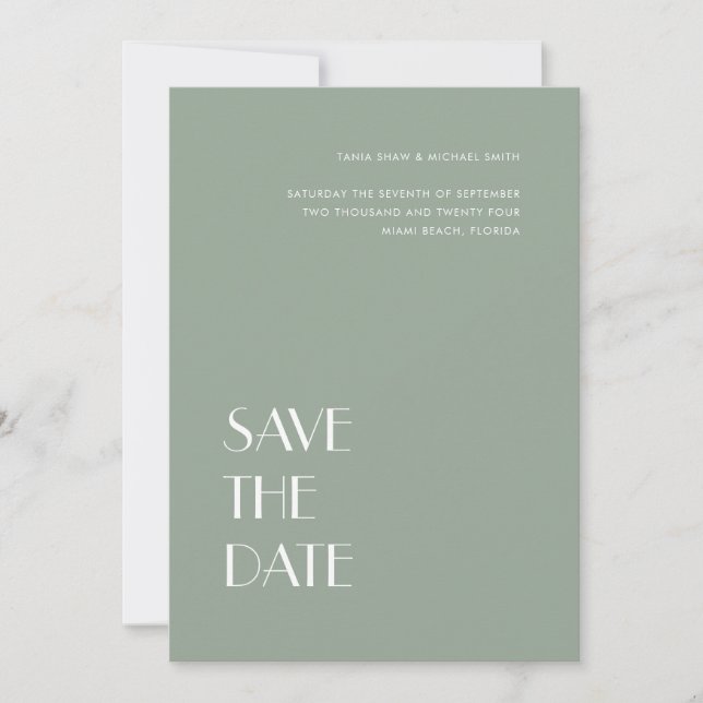 Art Deco Typography Sage Grey Green Wedding Save The Date (Front)