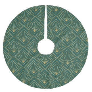 Art Deco Vintage Abstract Geometric Green and Gold Brushed Polyester Tree Skirt