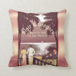 Art Deco Vintage Beach | blush pink Cushion<br><div class="desc">A vintage "Art Deco Beach" throw pillow depicting a couple in love overlooking a beautiful bay view on a tropical island. Click the CUSTOMIZE IT button to personalise with your own text & font preferences. Matching wedding invitations, stickers, RSVP cards, postage stamps, cocktail napkins and more are available - SEE...</div>