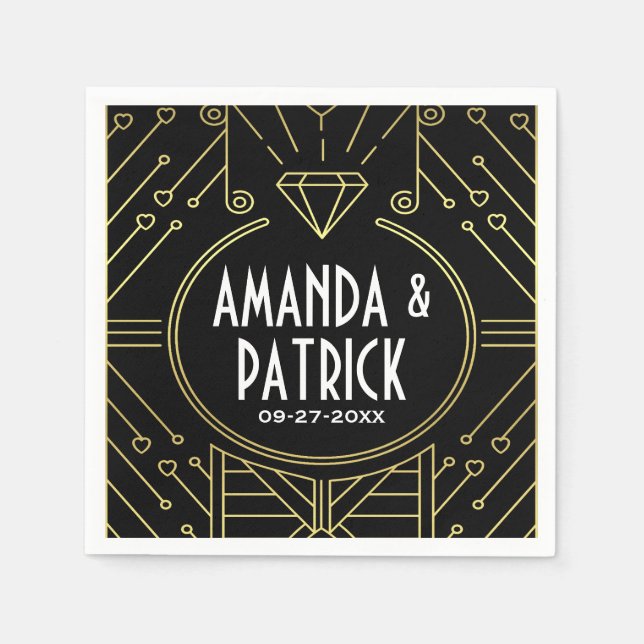 Art Deco Vintage Black and Gold Wedding Napkins (Front)