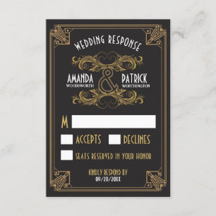 Art Deco Vintage Black and Gold Wedding RSVP Cards