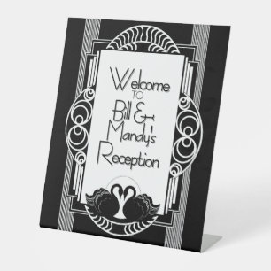 Art Deco Vintage Black and White Swans Pedestal Sign