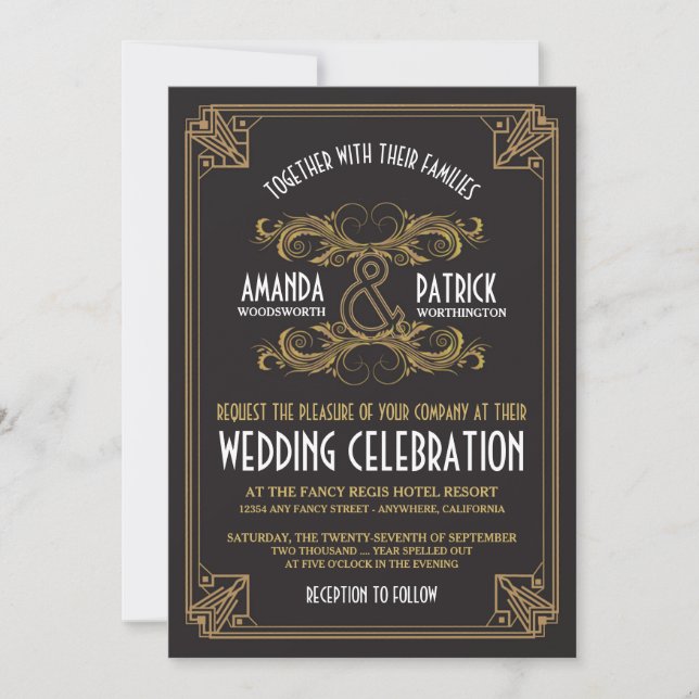 Art Deco Vintage Black & Gold Wedding Invitations (Front)