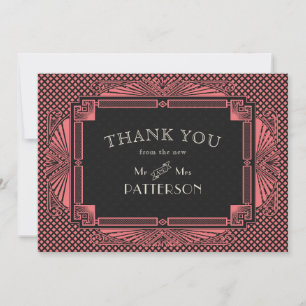 Art Deco Vintage Black Salmon Pink Thank You Card