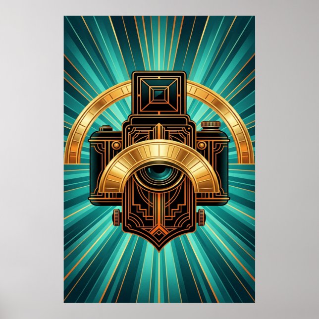 Art Deco Vintage Camera Lens Gold & Teal Poster (Front)
