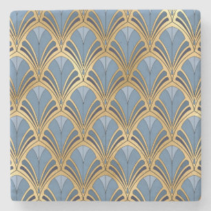 Art Deco Vintage Floral Fan Pattern Blue Gold Stone Coaster
