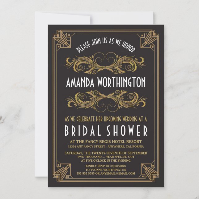 Art Deco Vintage Gold Bridal Shower Invitations (Front)