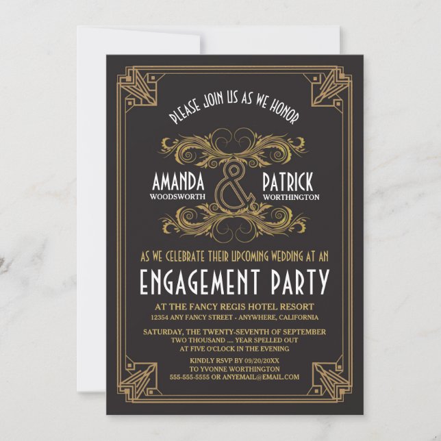 Art Deco Vintage Gold Engagement Party Invitations (Front)