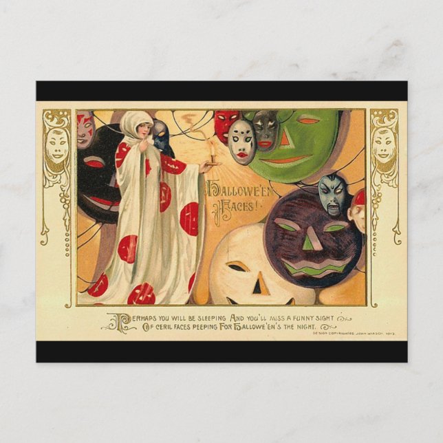 Art Deco - Vintage Halloween Faces Postcard (Front)