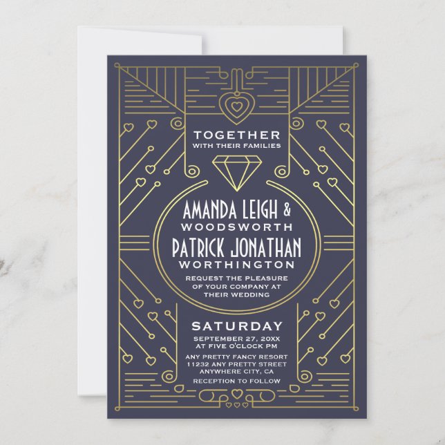 Art Deco Vintage Navy and Gold Wedding Invitations (Front)