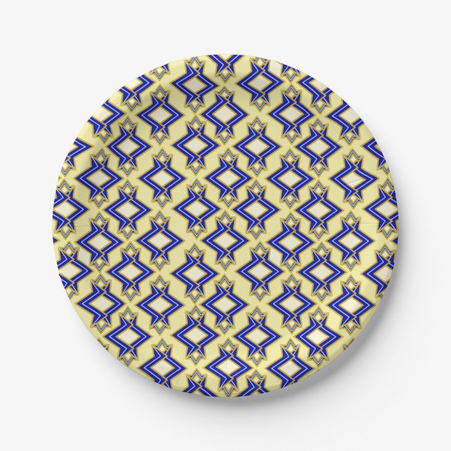 Art Deco Wallpaper Pattern, Beige and Blue Paper Plate (Front)