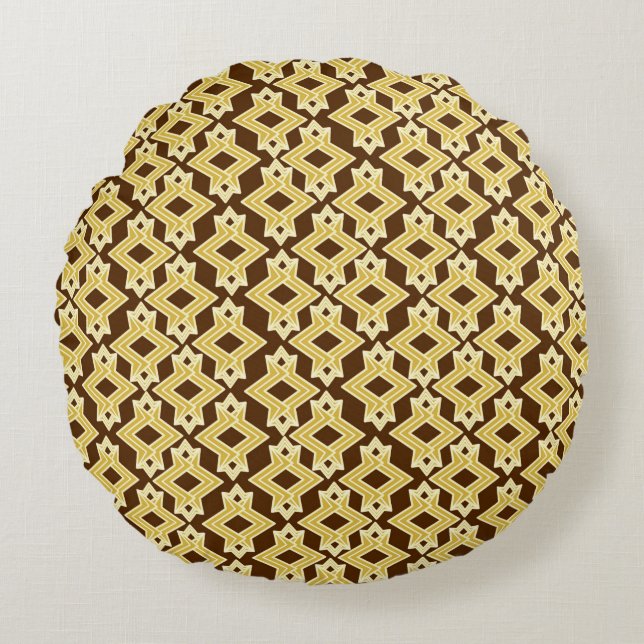 Art Deco Wallpaper Pattern, Brown and Gold Round Cushion (Front)