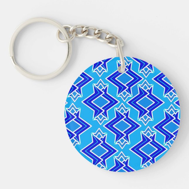 Art Deco Wallpaper Pattern, Cerulean Blue Key Ring (Front)