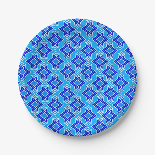 Art Deco Wallpaper Pattern, Cerulean Blue Paper Plate (Front)