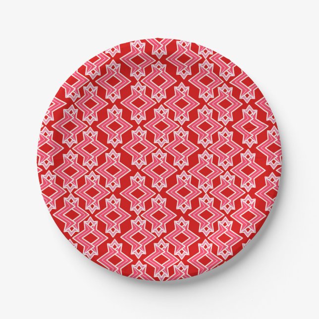 Art Deco Wallpaper Pattern, Dark Red and Pink Paper Plate (Front)