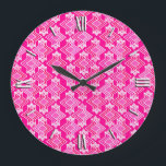 Art Deco Wallpaper Pattern, Fuchsia Pink Large Clock<br><div class="desc">Art Deco geometric wallpaper pattern in shades of fuchsia pink,  light pink,  and red with cream on a deep fuchsia pink background</div>