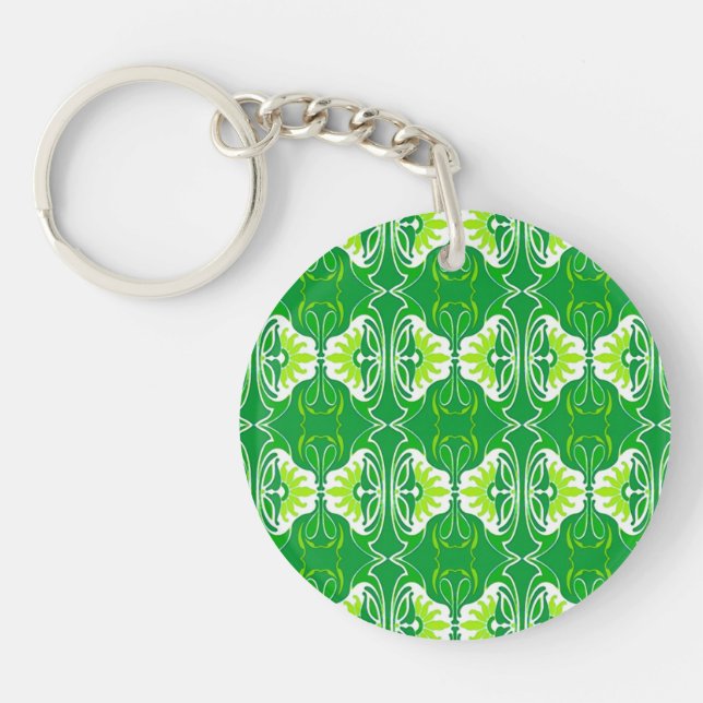 Art Deco wallpaper pattern - green and white Key Ring (Front)