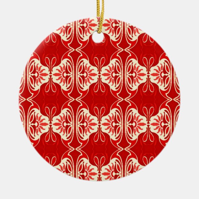 Art Deco wallpaper pattern - red and white Ceramic Tree Decoration (Front)