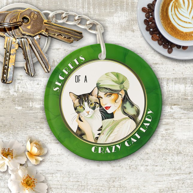 Art Deco Watercolor Crazy Cat Lady Keychain (Keychain featuring a watercolor painting in art deco Gatsby style of a mysterious lady with her cat)