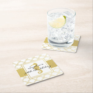 Art Deco Wave Gold Glitter Seahorse Birthday Party Square Paper Coaster