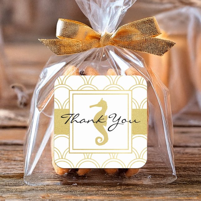 Art Deco Wave Gold Glitter Seahorse Thank You Square Sticker (Creator Uploaded)
