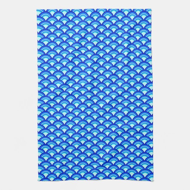 Art Deco wave pattern - cobalt and sky blue Tea Towel (Vertical)