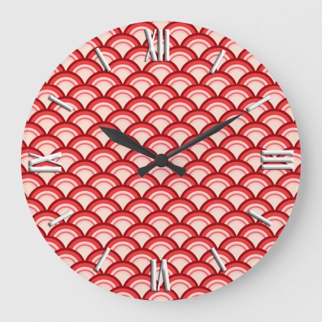 Art Deco wave pattern - coral red and pink Large Clock (Front)
