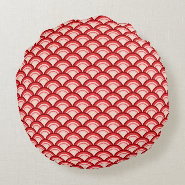 Art Deco wave pattern - coral red and pink Round Cushion (Back)