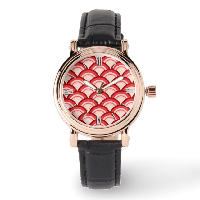 Art Deco wave pattern - coral red and pink Watch (Front)