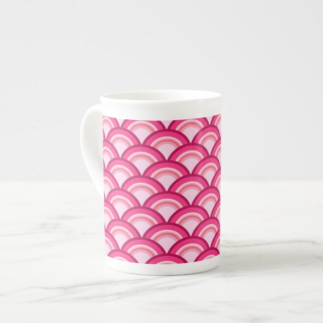 Art Deco wave pattern - fuchsia and coral Bone China Mug (Front Left)