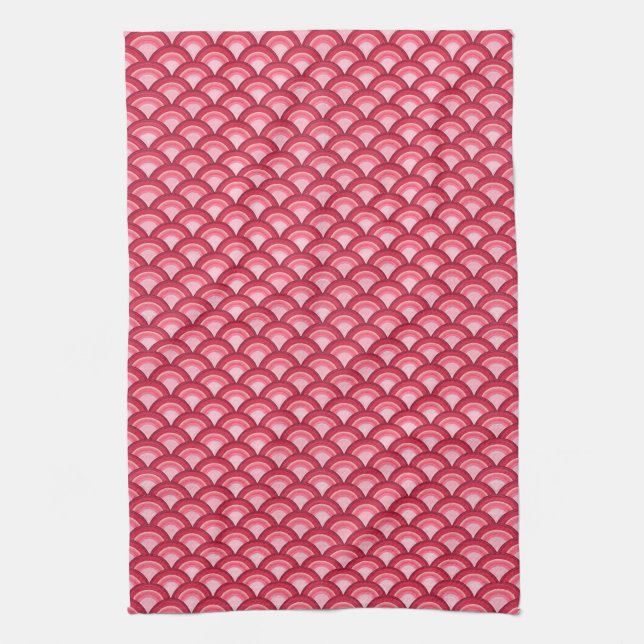 Art Deco wave pattern - red and fuchsia Tea Towel (Vertical)