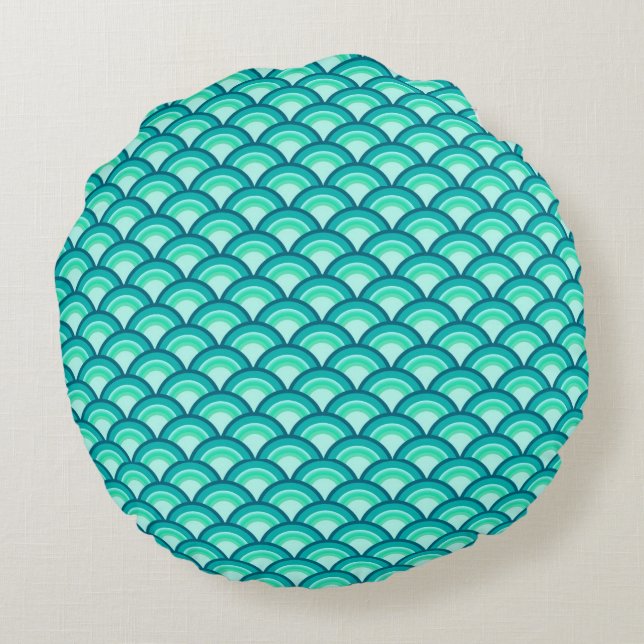Art Deco wave pattern - shades of turquoise Round Cushion (Back)