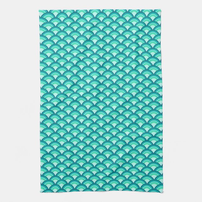 Art Deco wave pattern - shades of turquoise Tea Towel (Vertical)