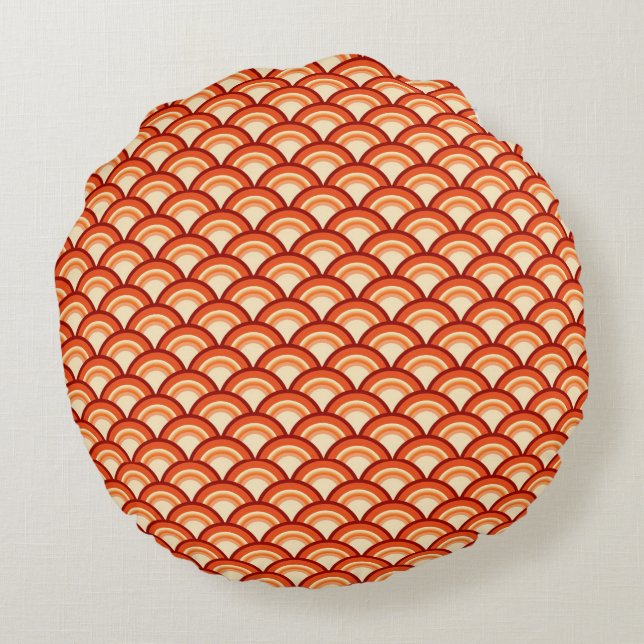 Art Deco wave pattern - tangerine orange Round Cushion (Back)