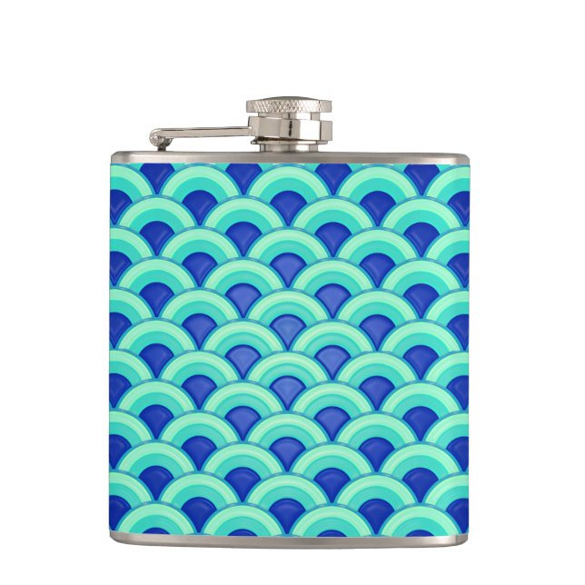 Art Deco wave pattern - turquoise and cobalt Hip Flask (Front)