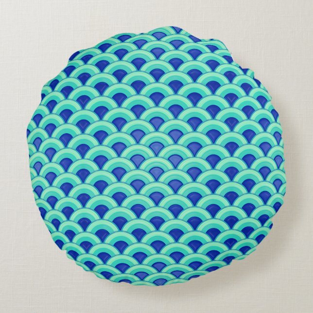 Art Deco wave pattern - turquoise and cobalt Round Cushion (Back)