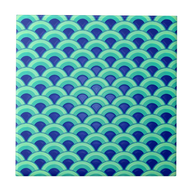 Art Deco wave pattern - turquoise and cobalt Tile (Front)