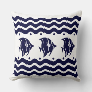 Art deco waves + fish Blue white Cushion