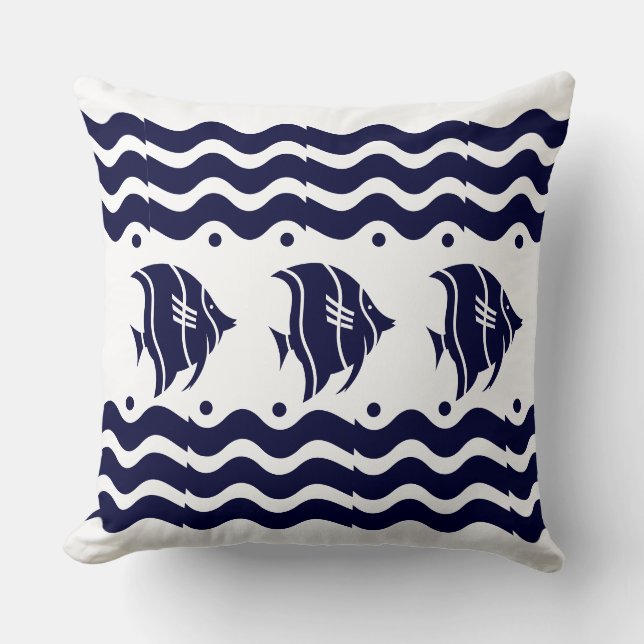 Art deco waves + fish Blue white Cushion (Front)