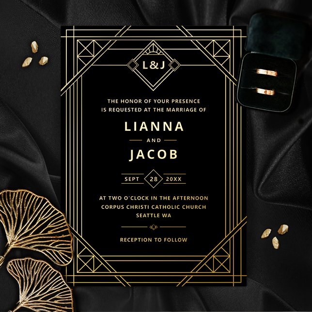 Art Deco Wedding Black Gold Foil Invitation (Creator Uploaded)