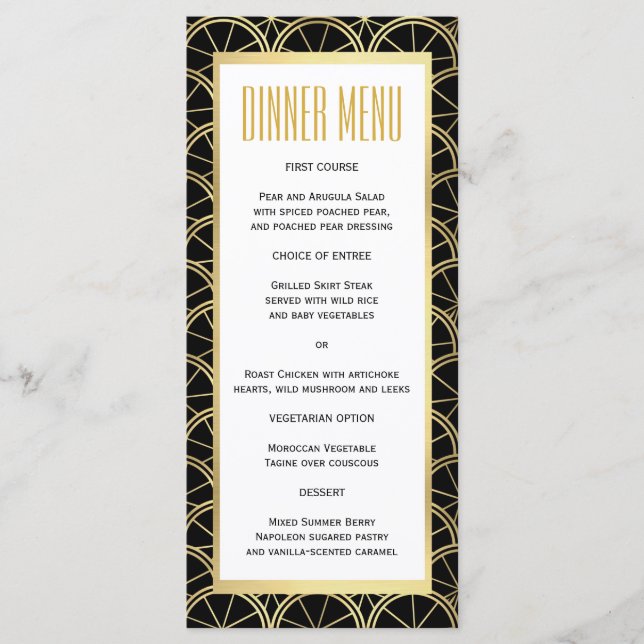 Art Deco Wedding Black White Gold Slim Dinner Menu (Front)