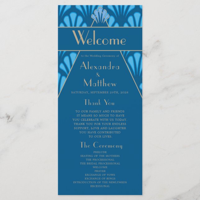 Art Deco Wedding Blue Roaring Twenties Vintage Programme (Front)