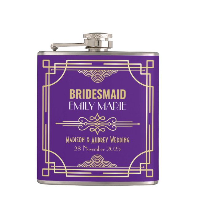 Art Deco Wedding Bridesmaid Gold Purple Favour Hip Flask (Front)