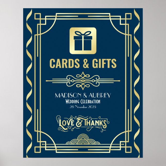 Art Deco Wedding Cards & Gifts Gold Blue Sign (Front)